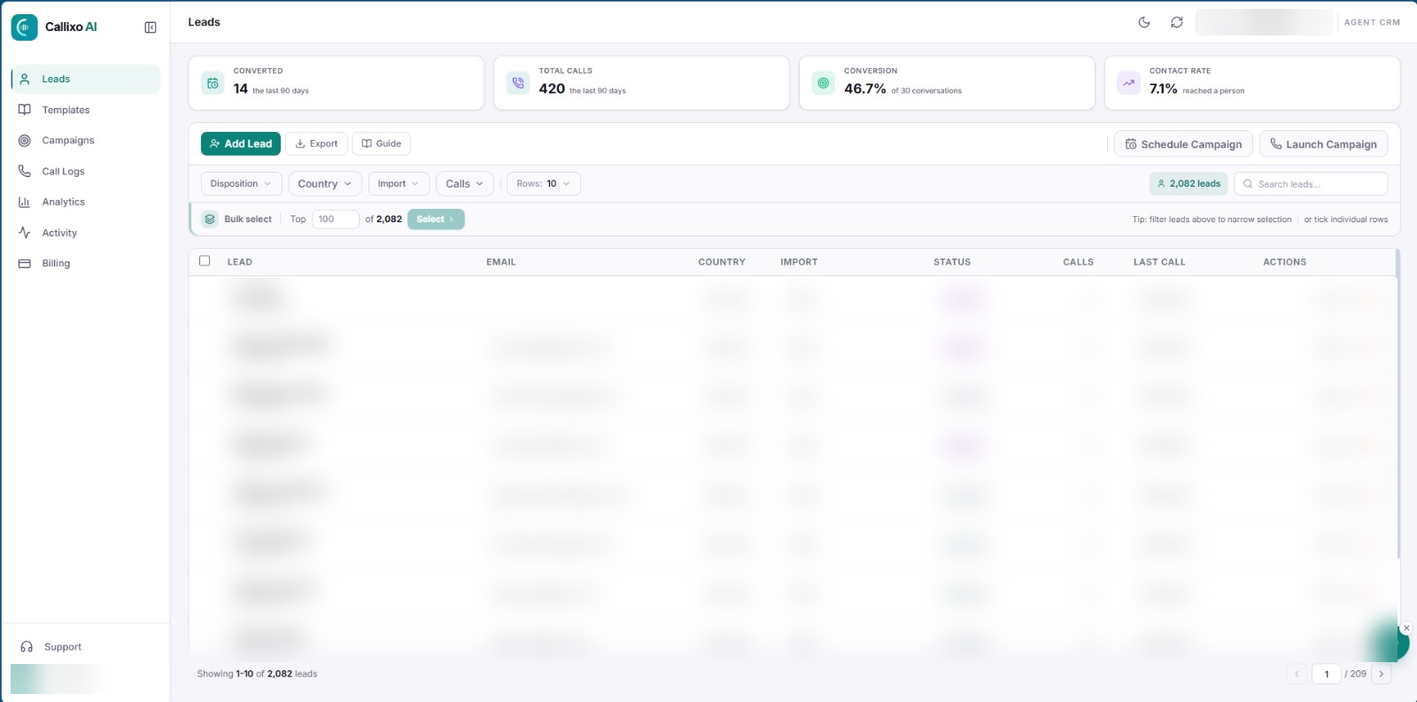 Callixo CRM dashboard screenshot