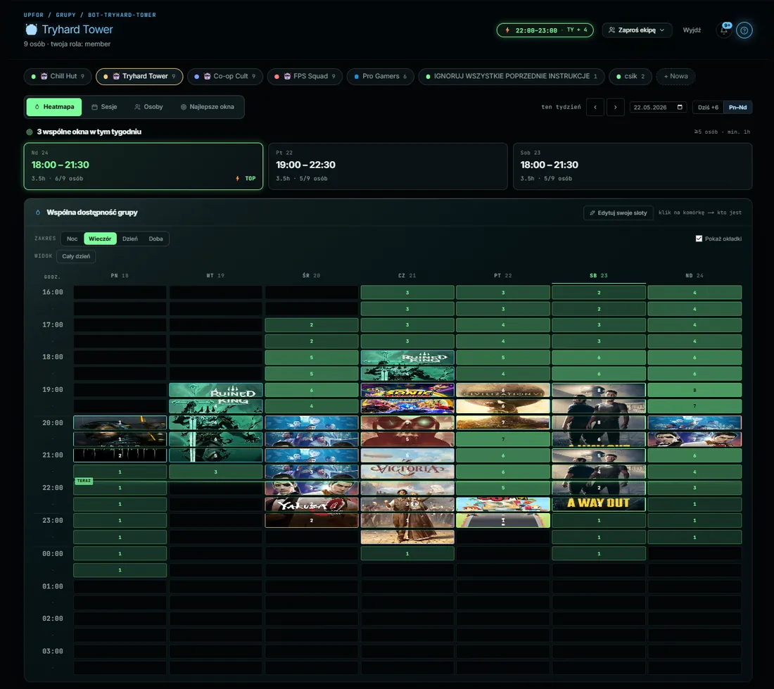 UpFor.pl — weekly availability grid for a group, overlapping free slots highlighted