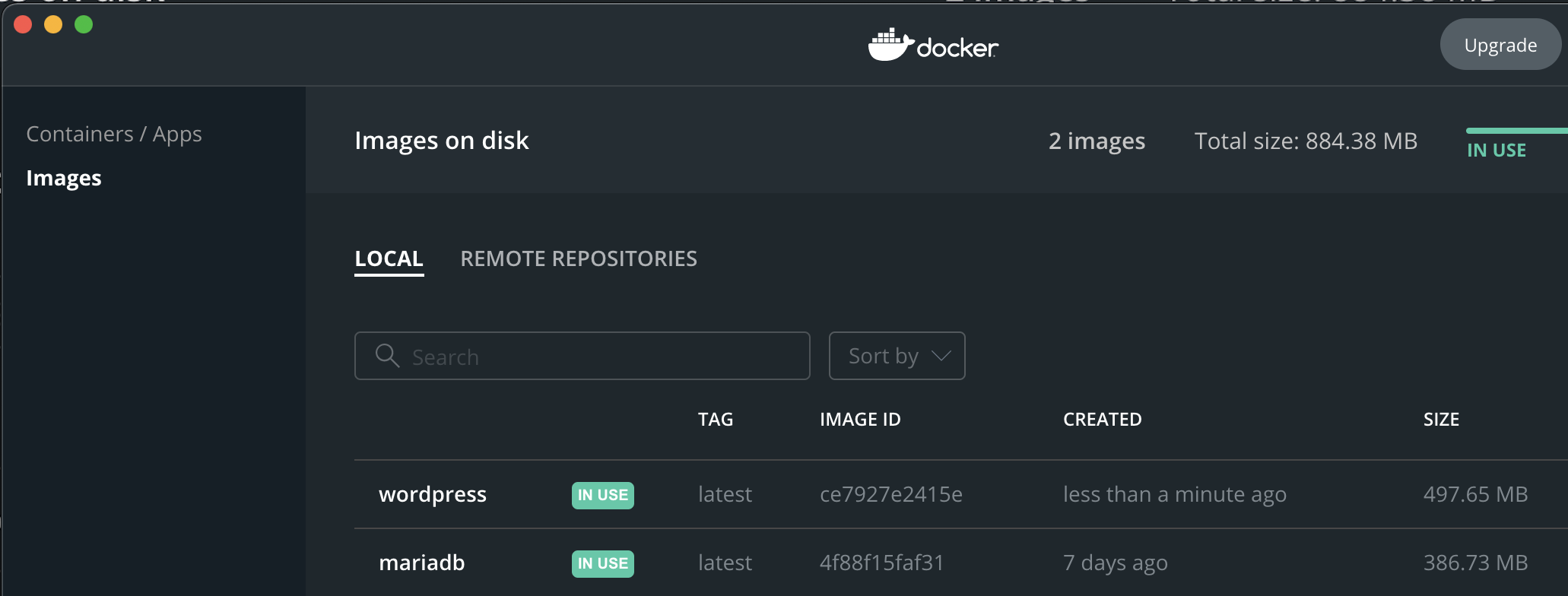 Screenshot of the Downloaded Docker Images for WordPress Development Environment