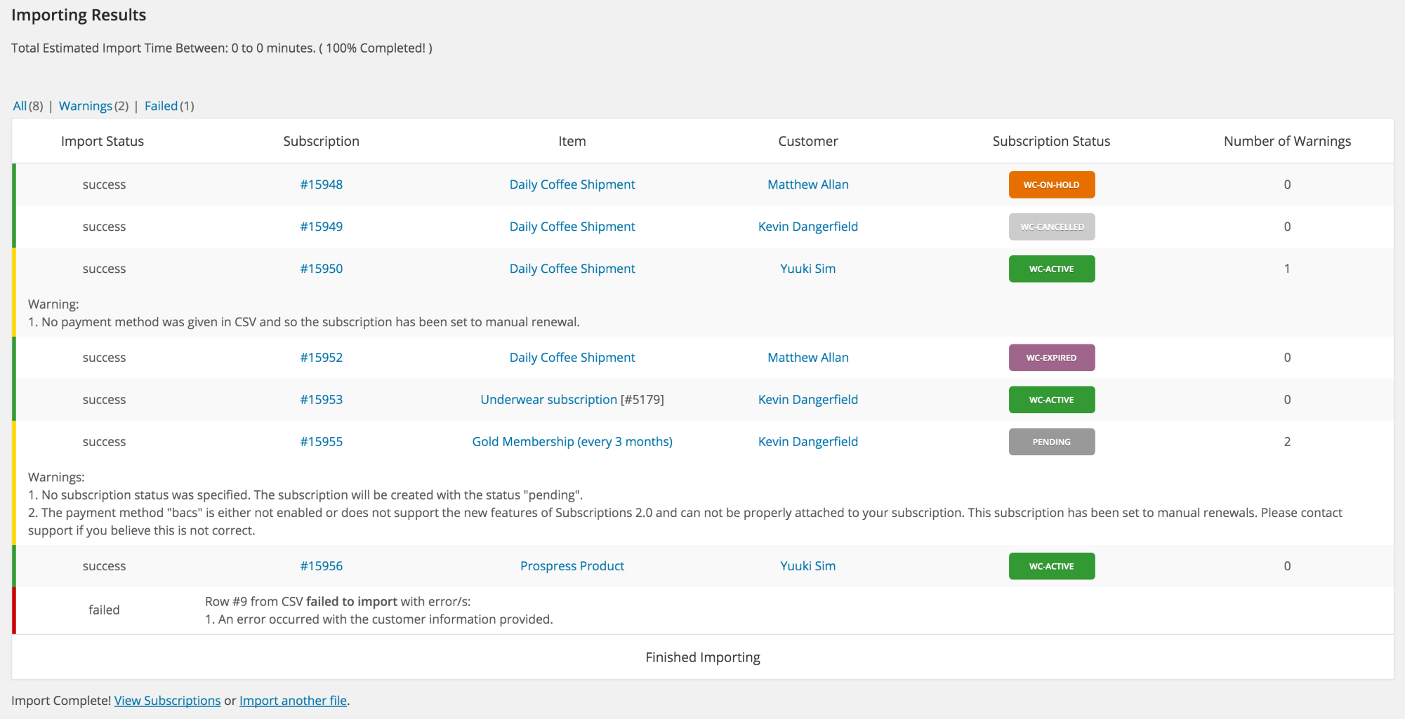 Import Completion Table Screenshot