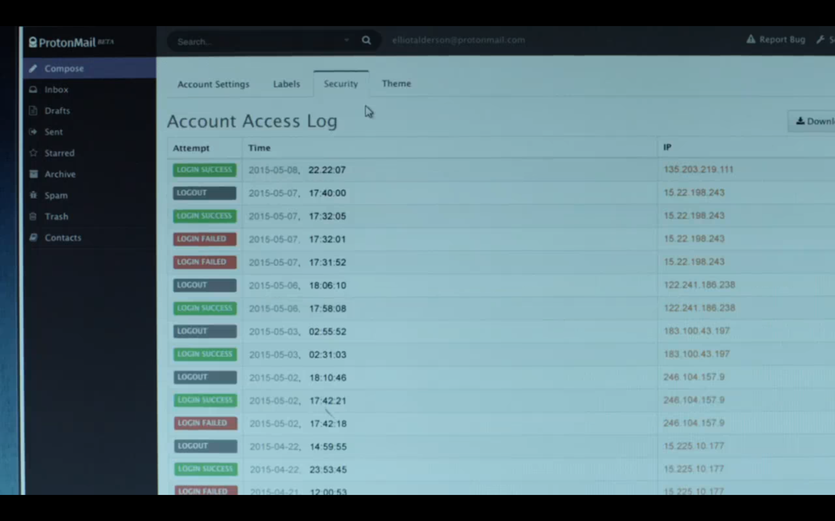 Screenshot of ProtonMail's Account Access Log interface