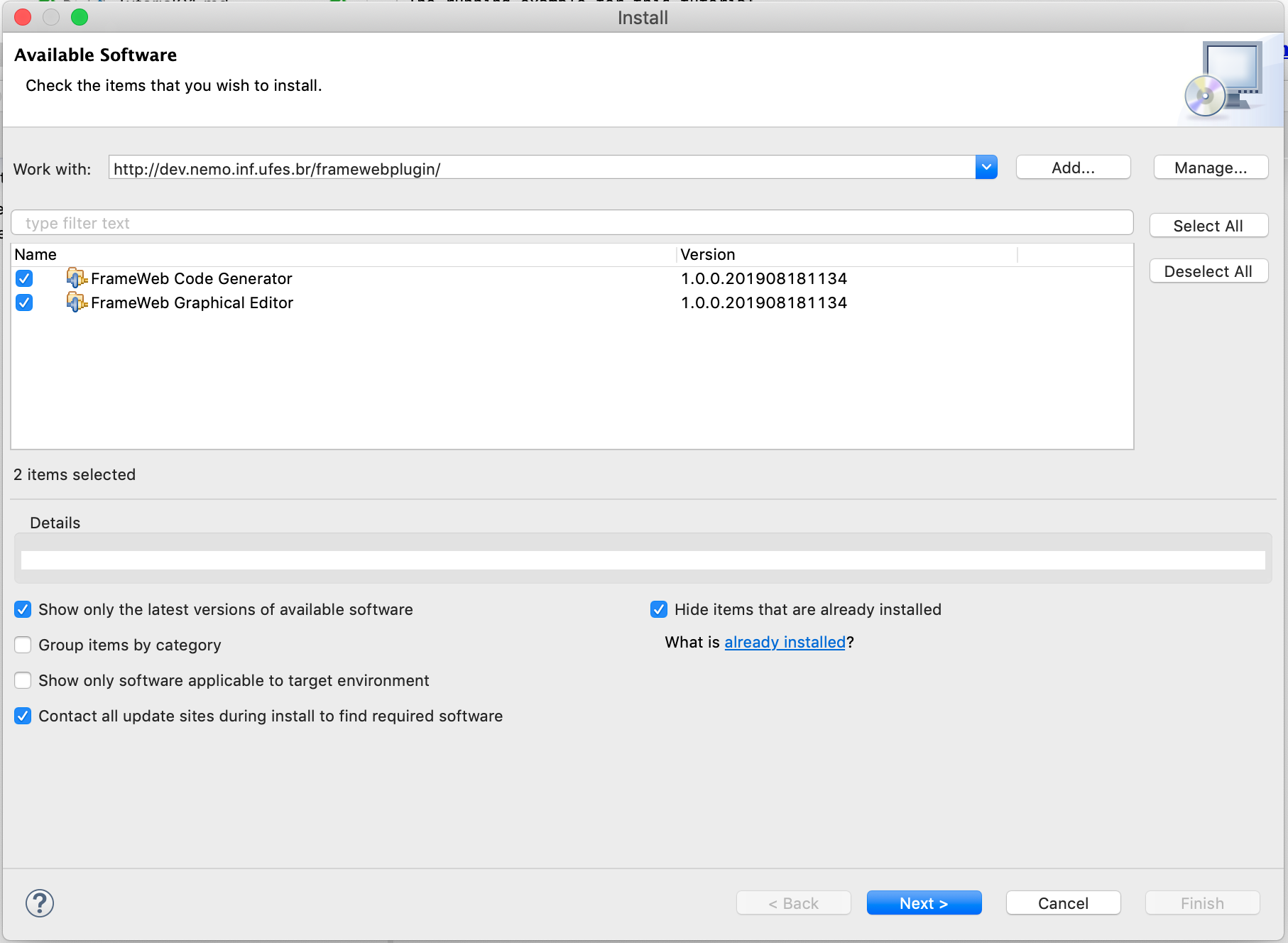 Installing FrameWeb Tools from the FrameWeb Eclipse Update Site.