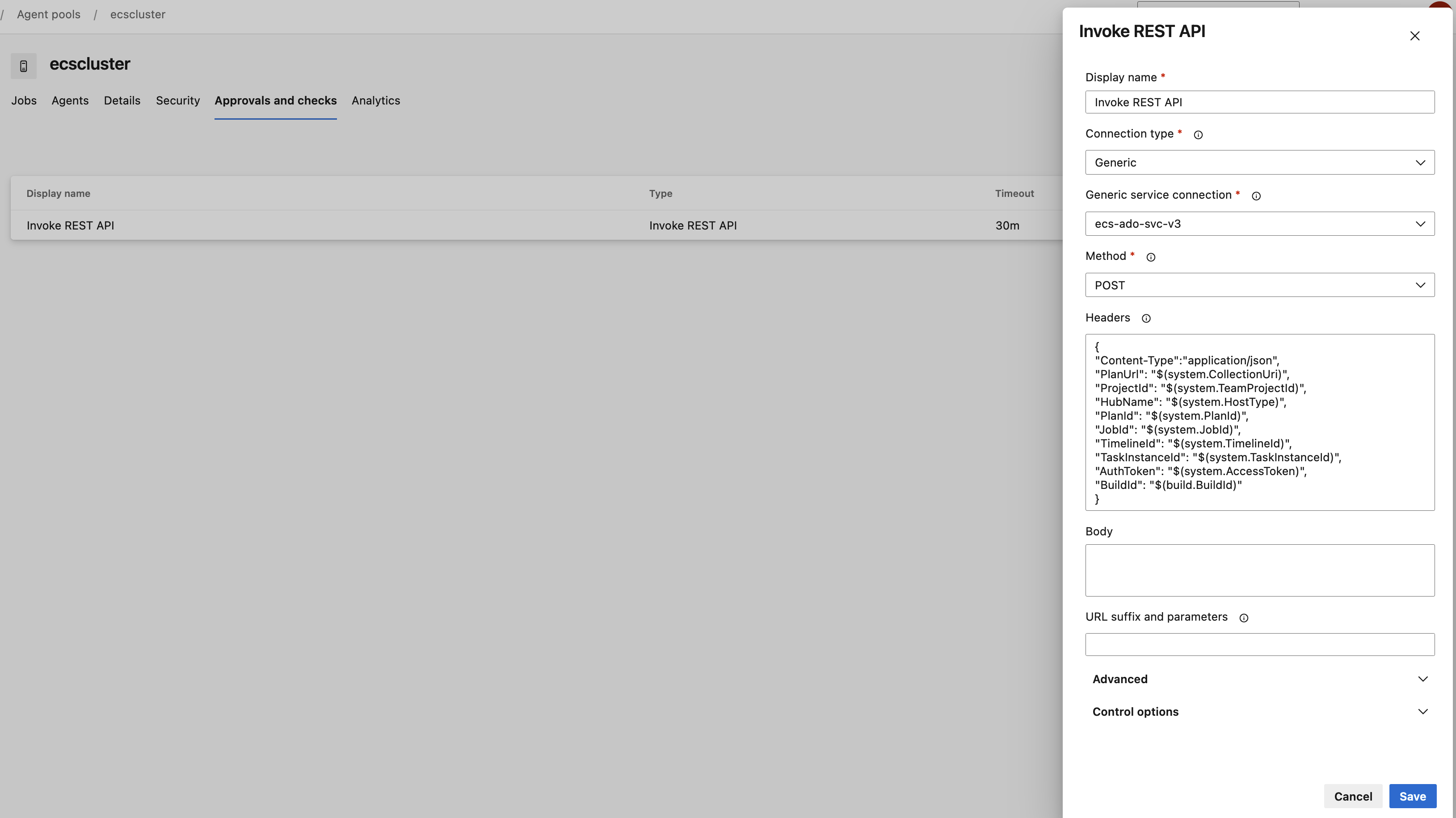 Screenshot showing configuration for Add REST API check under Agent pool's Approval and Checks submenu