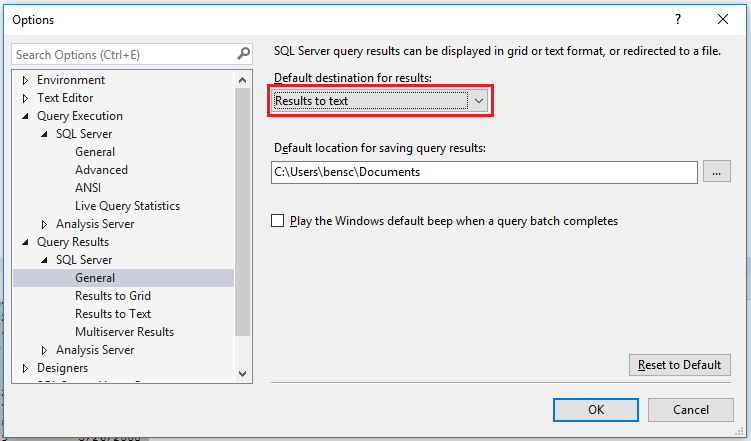 SSMS Option to include output results to text