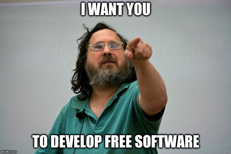 "I want you to develop free software (for me)"