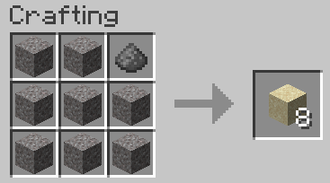 To craft 8 sand, place 8 gravel with 1 gunpowder shapelessly