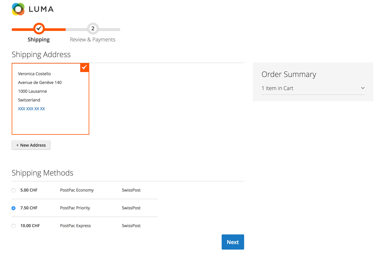 Shipping methods in the checkout page