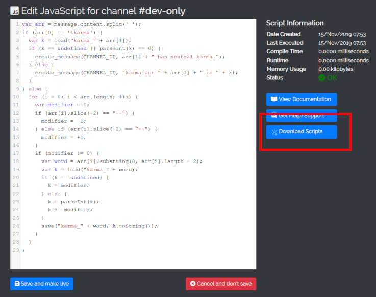 Downloading scripts from codebottle.io