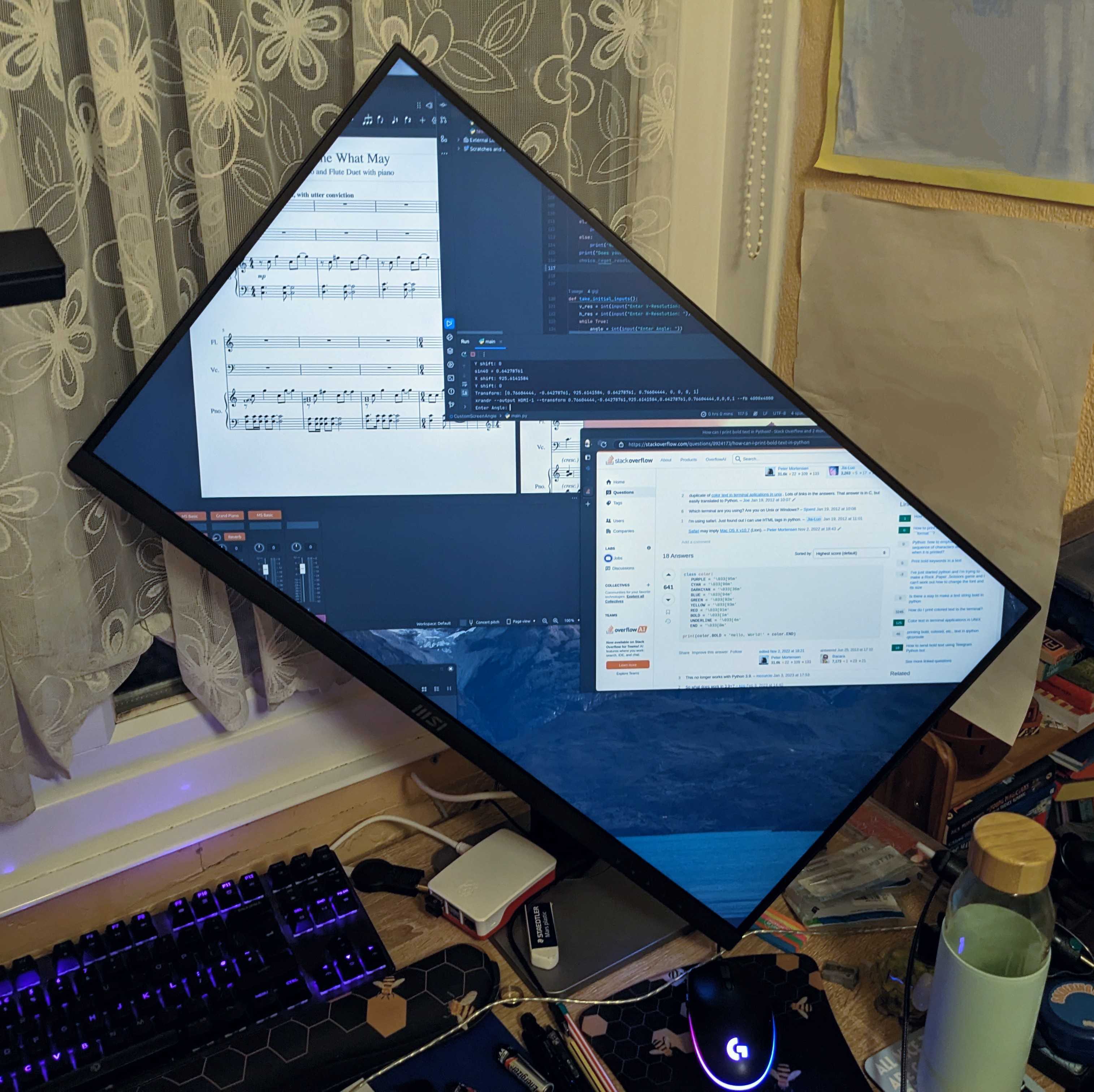 A picture of a monitor rotated to around 45º