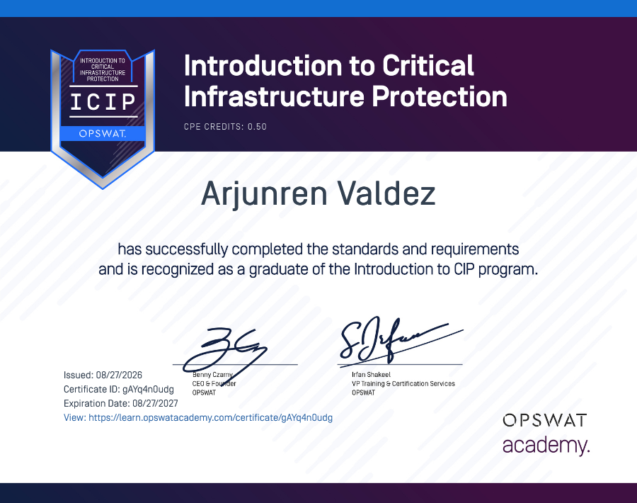 Critical Infrastructure Protection certificate