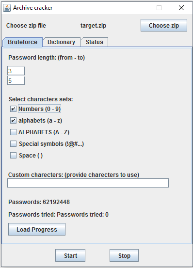 Acrchive cracker program screenshot