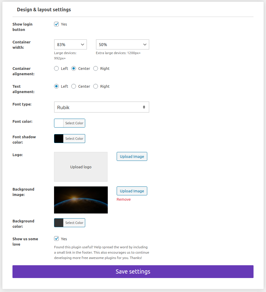 Design & layout settings