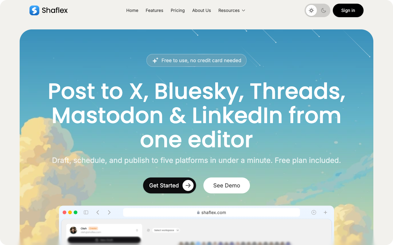 Shaflex — post to X, Bluesky, Threads, Mastodon and LinkedIn from one editor
