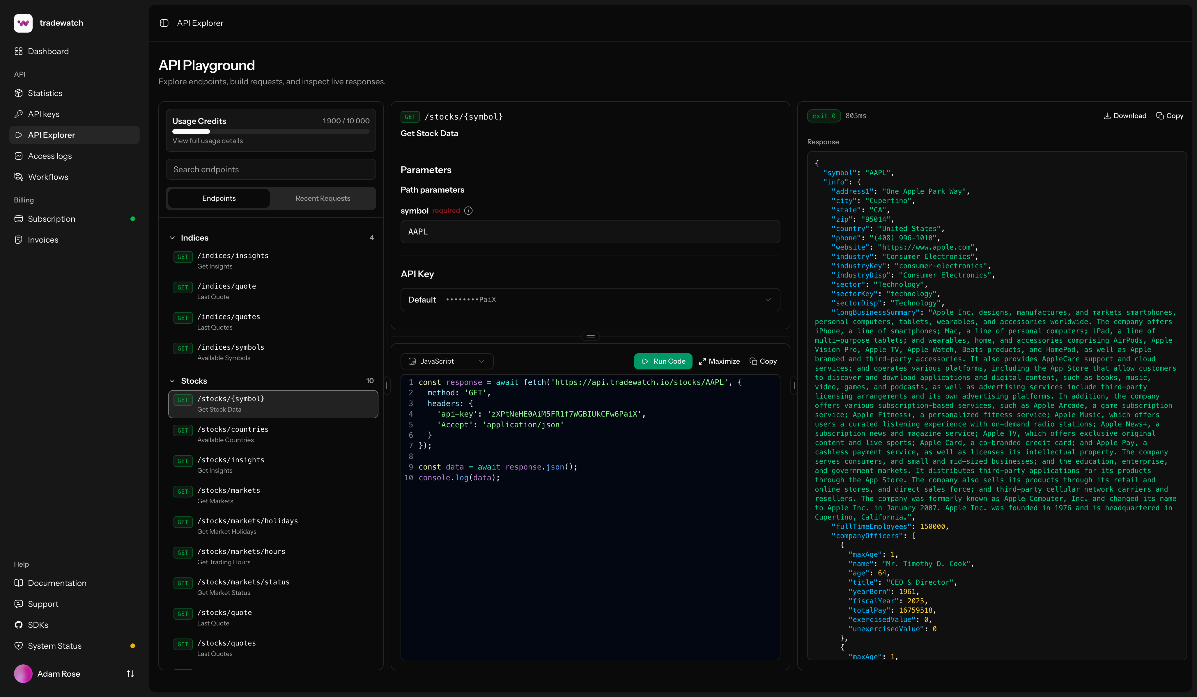 TradeWatch Interactive API Playground