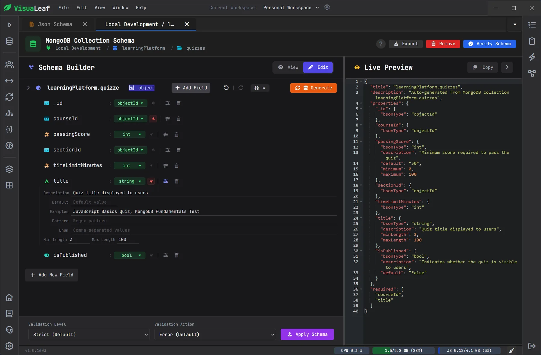 MongoDB JSON Schema validation editor with BSON type support