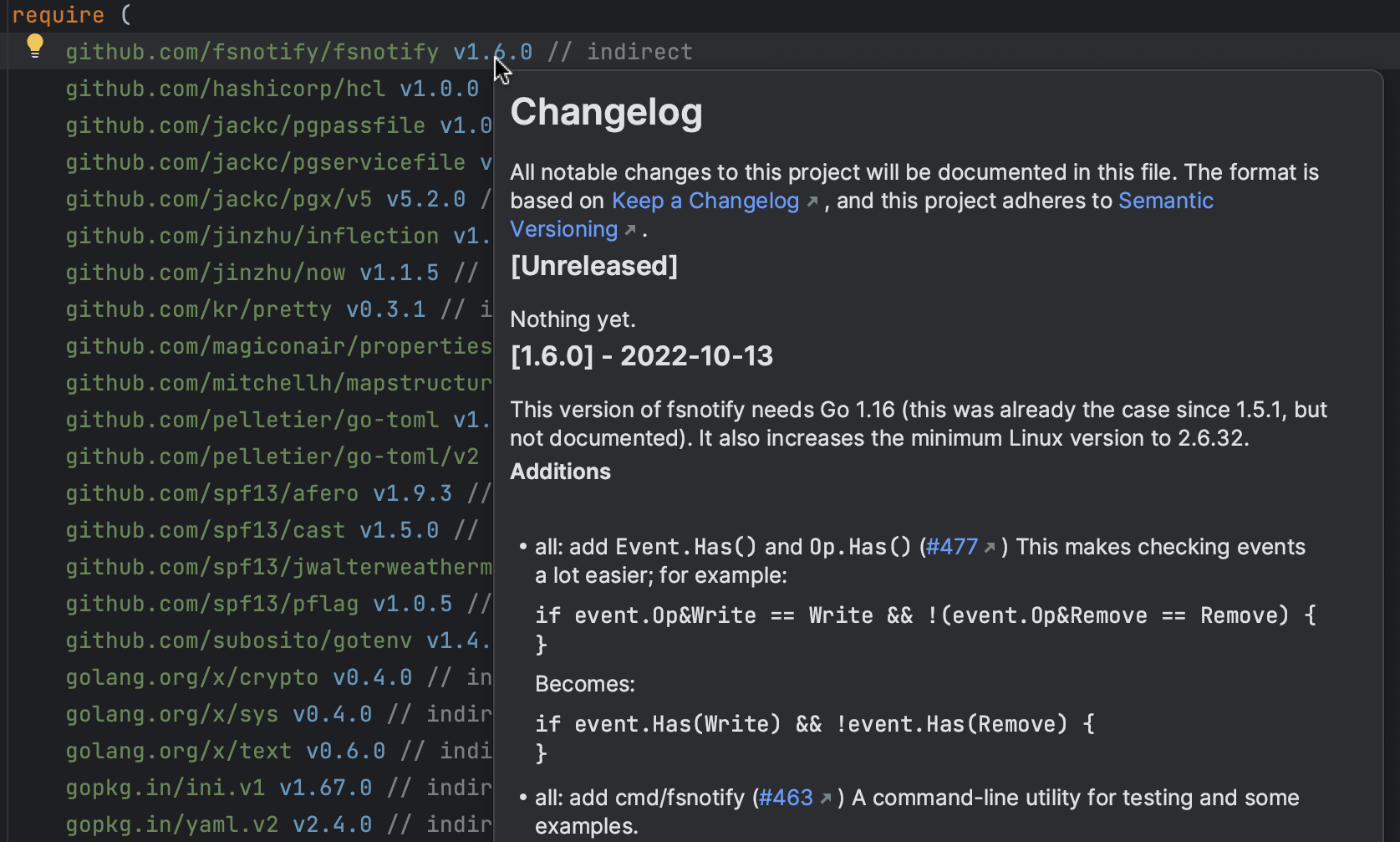 Dependency's changelog screenshot