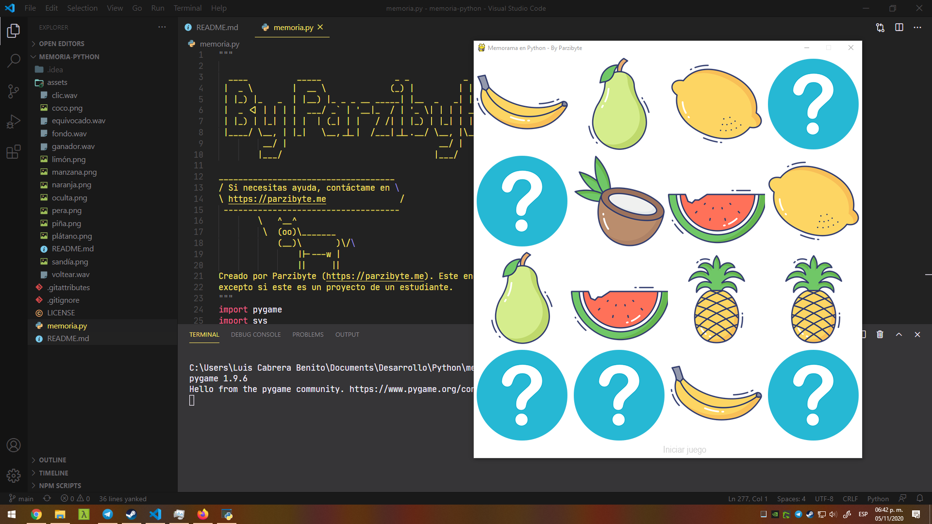 Juego de Memorama en Python by Parzibyte
