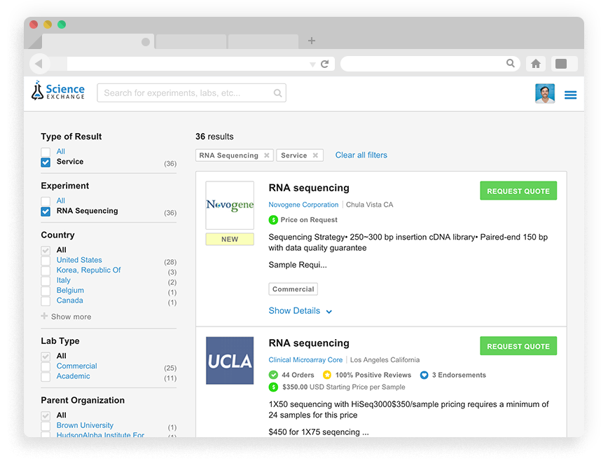 Example of Science Exchange search interface