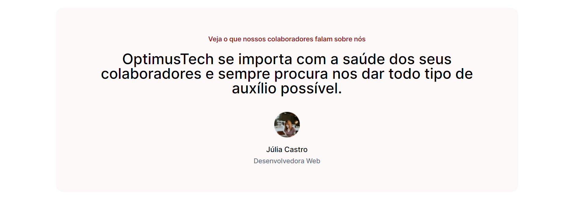 Resultado do desafio do sexto dia, seção de Depoimentos da página Optimus Tech