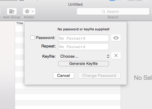 Picture of "No Password or Keyfile selected!" dialog box