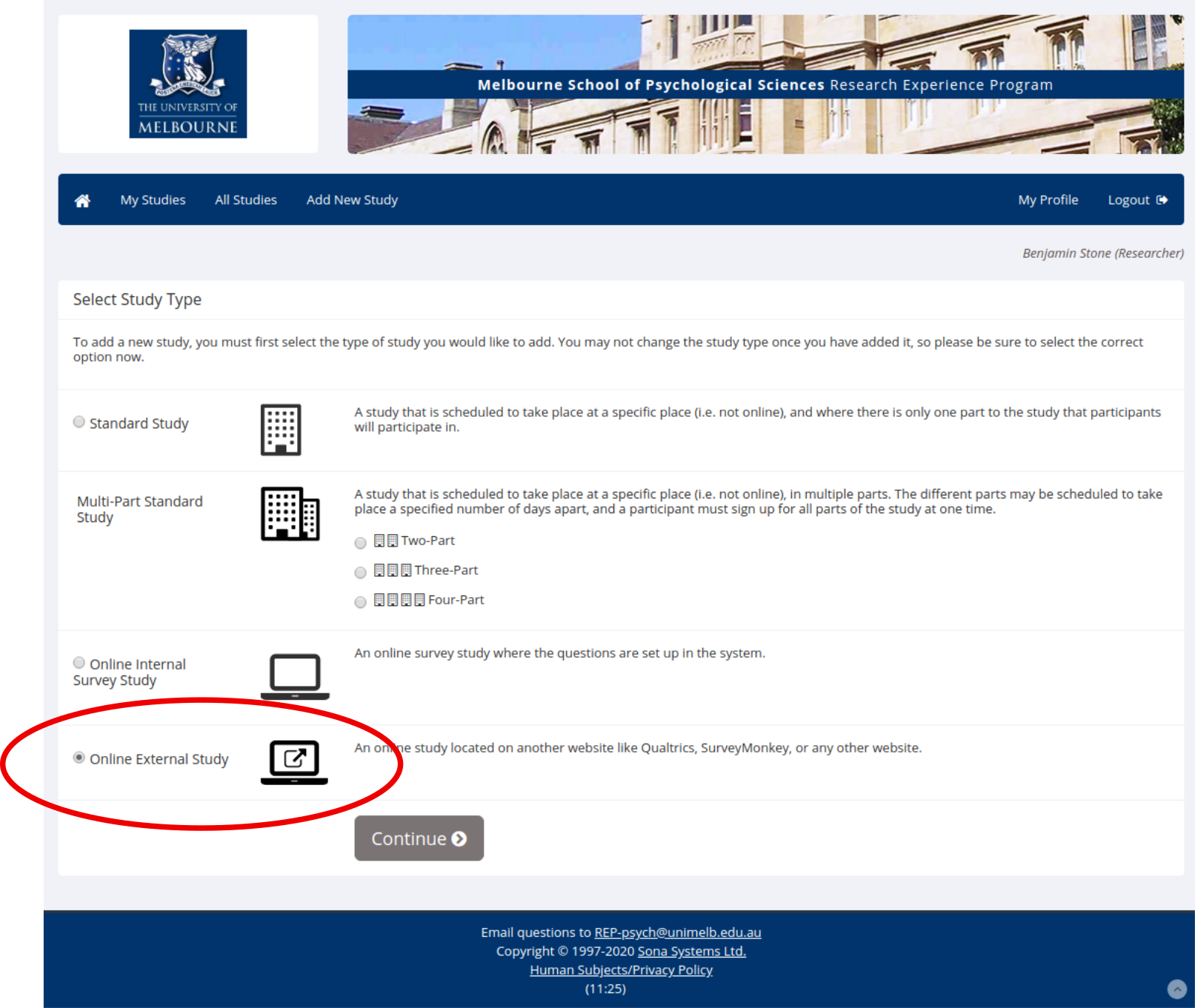 Choose Online External Study when creating an online SONA study