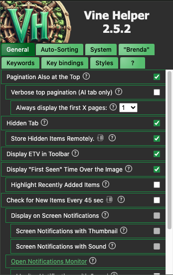 The General tab in dark mode