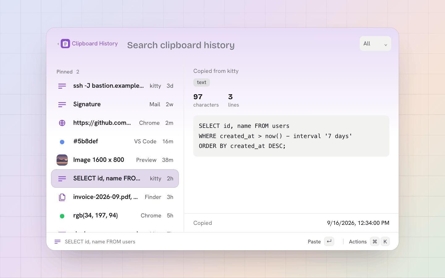 Clipboard history: pinned entries, links, colours, images and
        code, with a preview pane