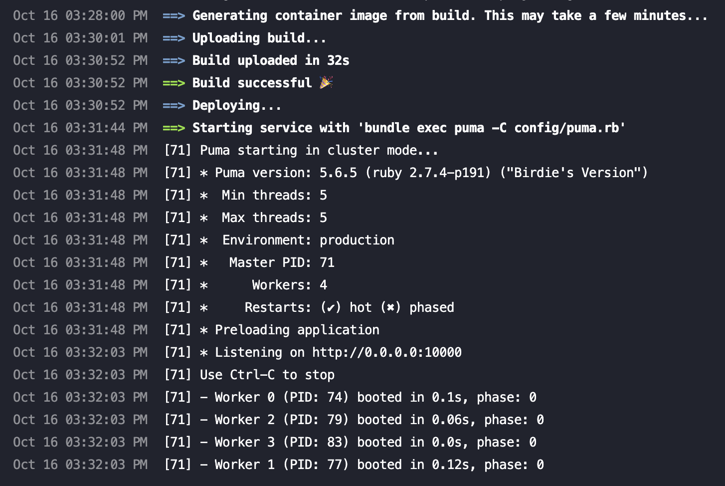 Log showing successful build and deploy