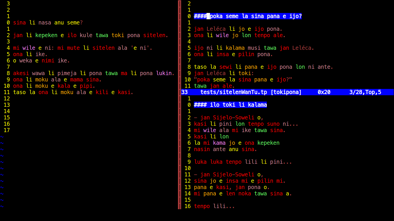 Some Toki Pona texts highlighted in Vim