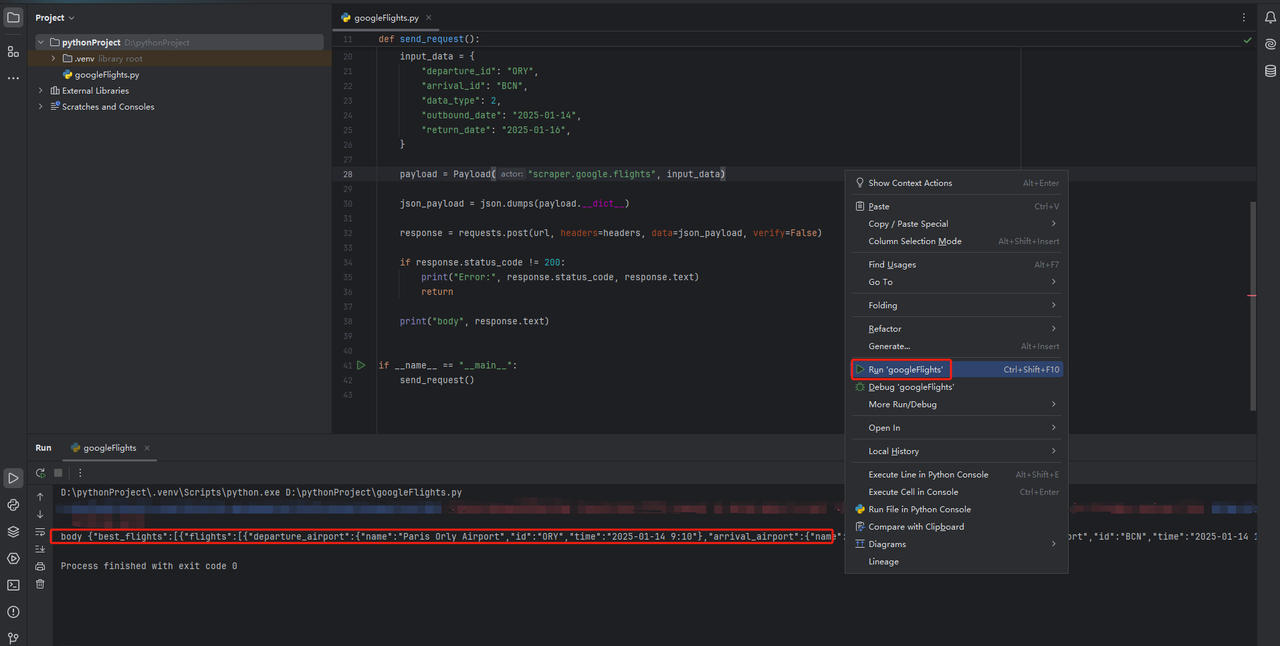 get the JSON format data of Google Flights