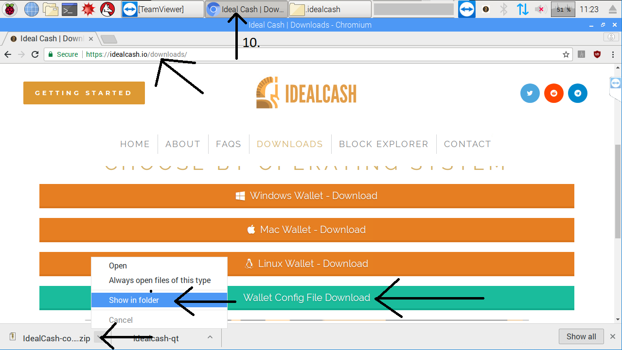 Go to the browser, enter idealcash url, click on download config, click on the arrow at the bottom then click show in folder