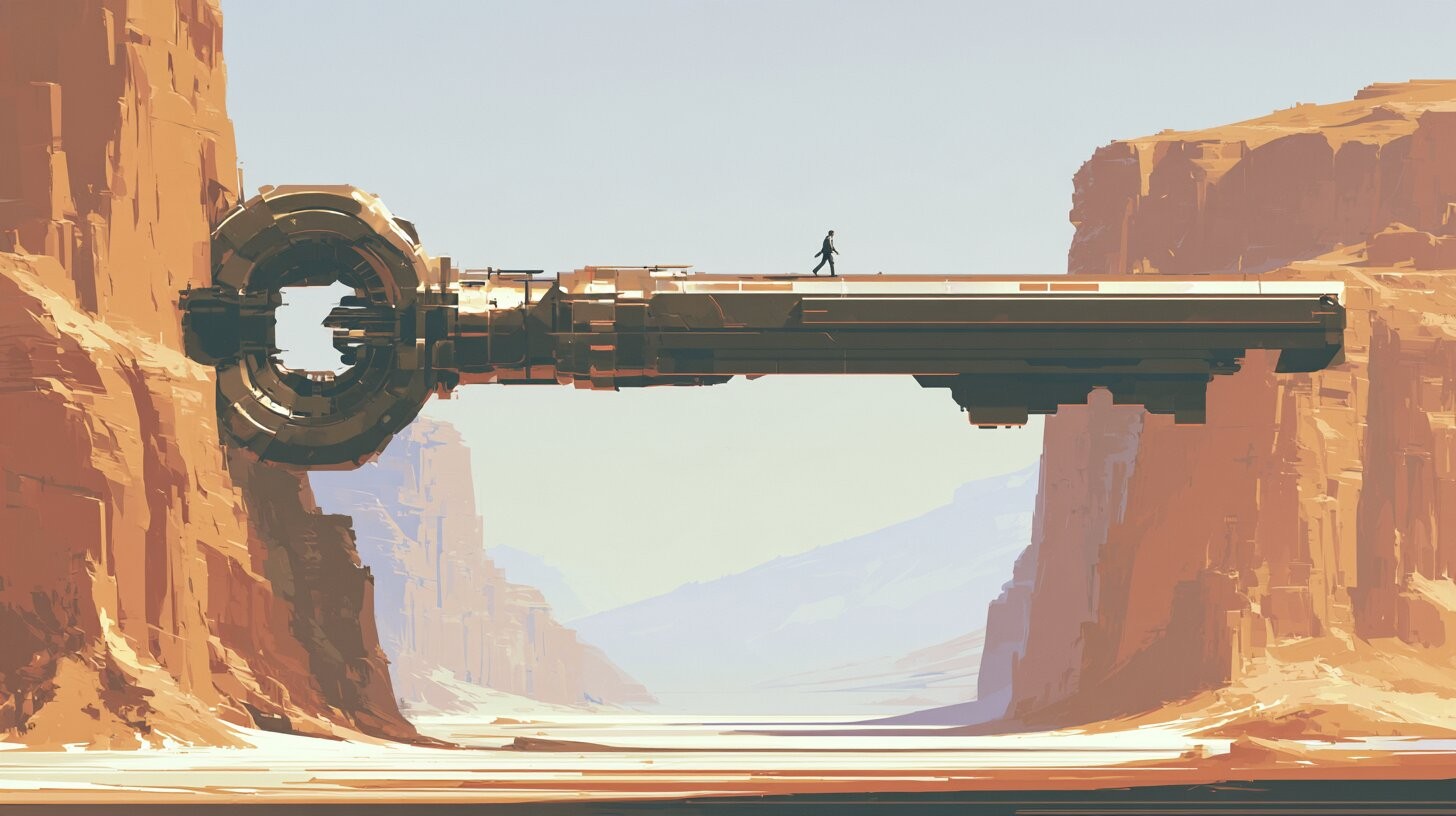 A person crossing an orange canyon on a giant key-shaped bridge, from the Browser Use website.