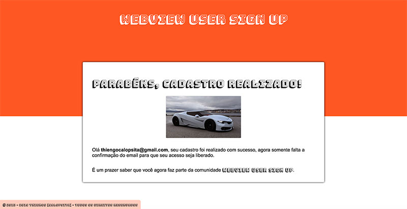 Página de Sucesso no Cadastro do app Web de exemplo