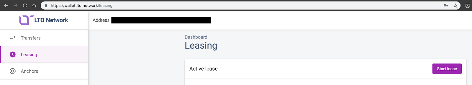 Screenshot of the Leasing page in the LTO Network wallet interface.