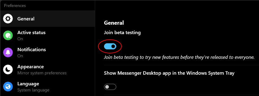 Screenshot of beta testing toggle