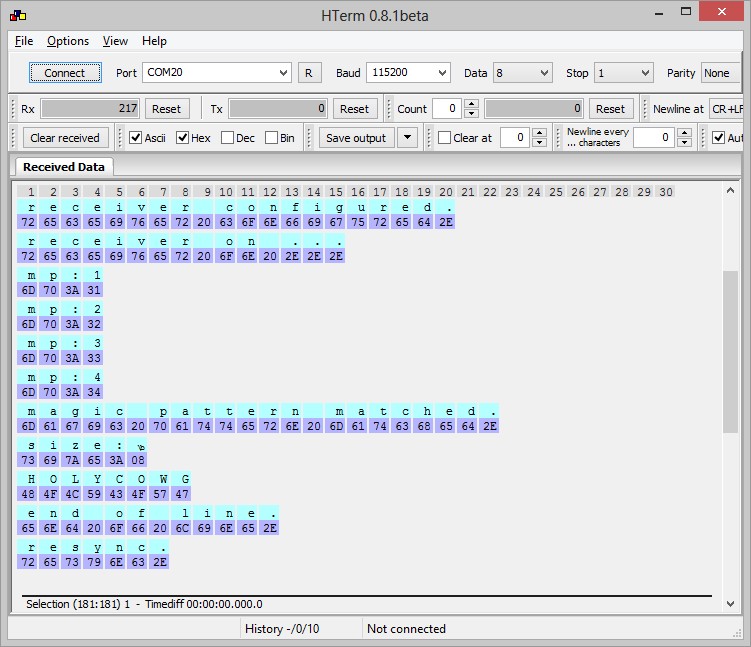 HTerm snapshot of a successful transmission