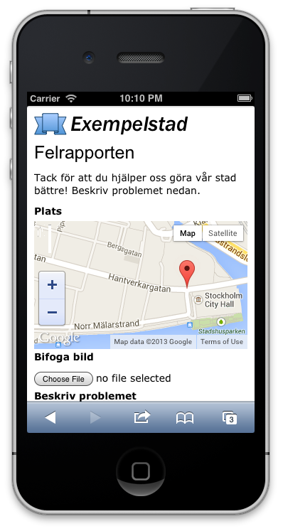 iPhone som visar ett formulär med en karta i. Koden använder telefonens GPS för att positionera användaren.