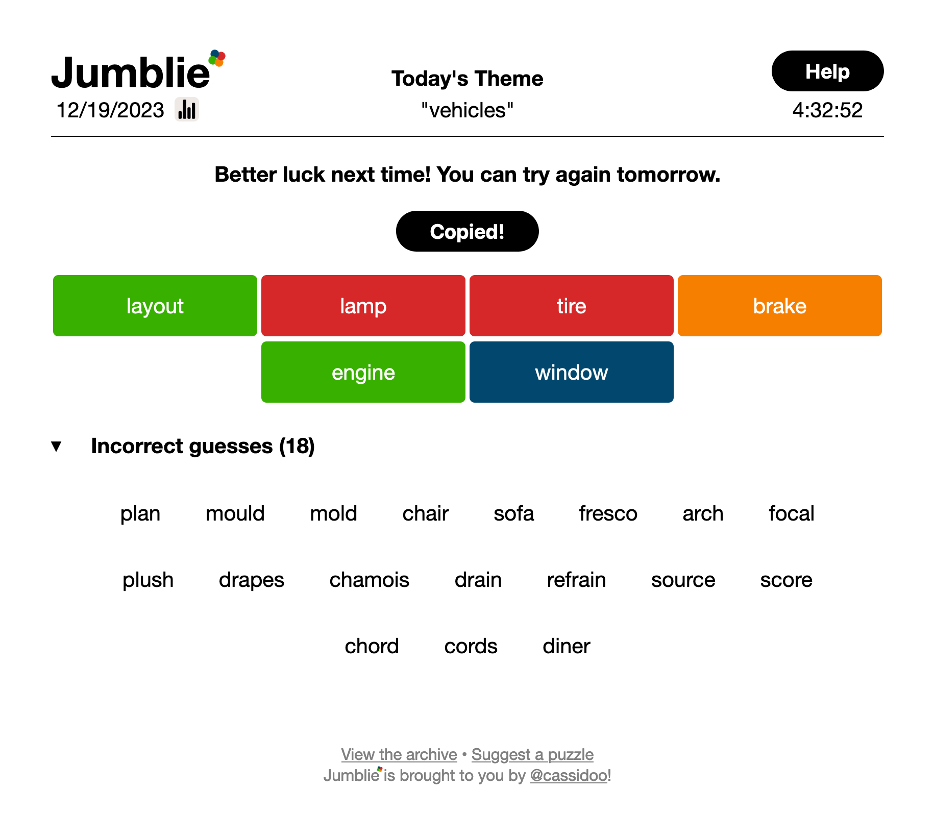 Screenshot of a Jumblie error showing answers remaining from the day prior