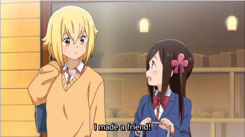 ErinaHash Example Image. The image comes from Hitoribocchi no Marumaruseikatsu. Description: A girl is holding her school bag and talks with another person to his left, saying "I made a new friend"