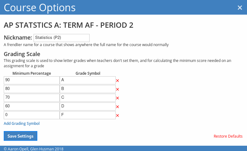 Course Options dialog screenshot