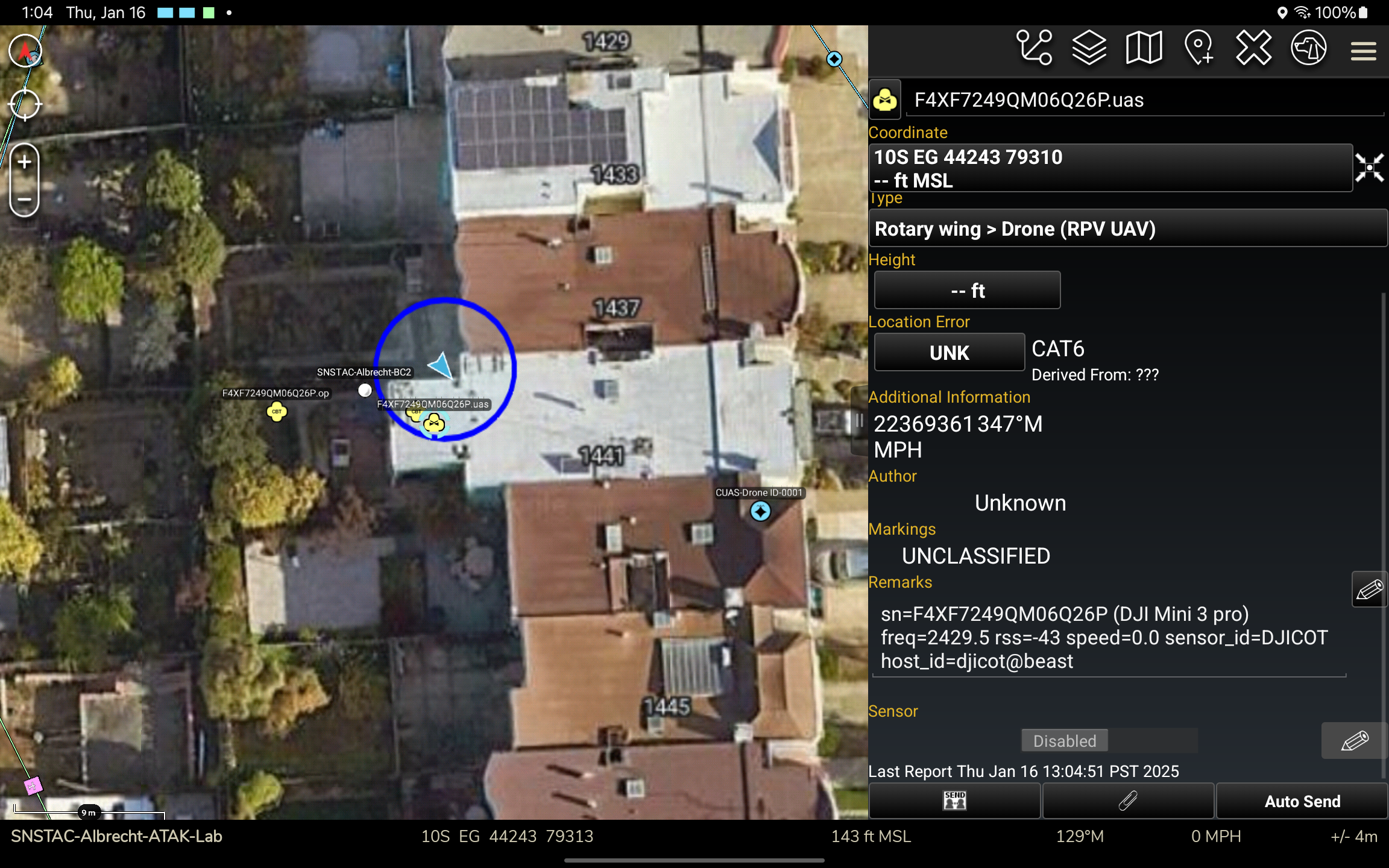 DJICOT Screenshot in ATAK showing a DJI Mini 3 Pro UAS, Home & Operator (GCS)