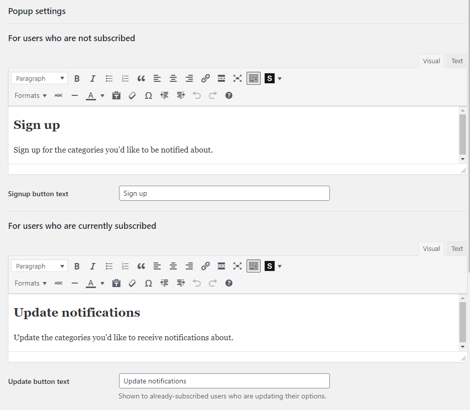 Popup settings, showing two sections, each with a larger rich text editing area and a smaller "button text" text field