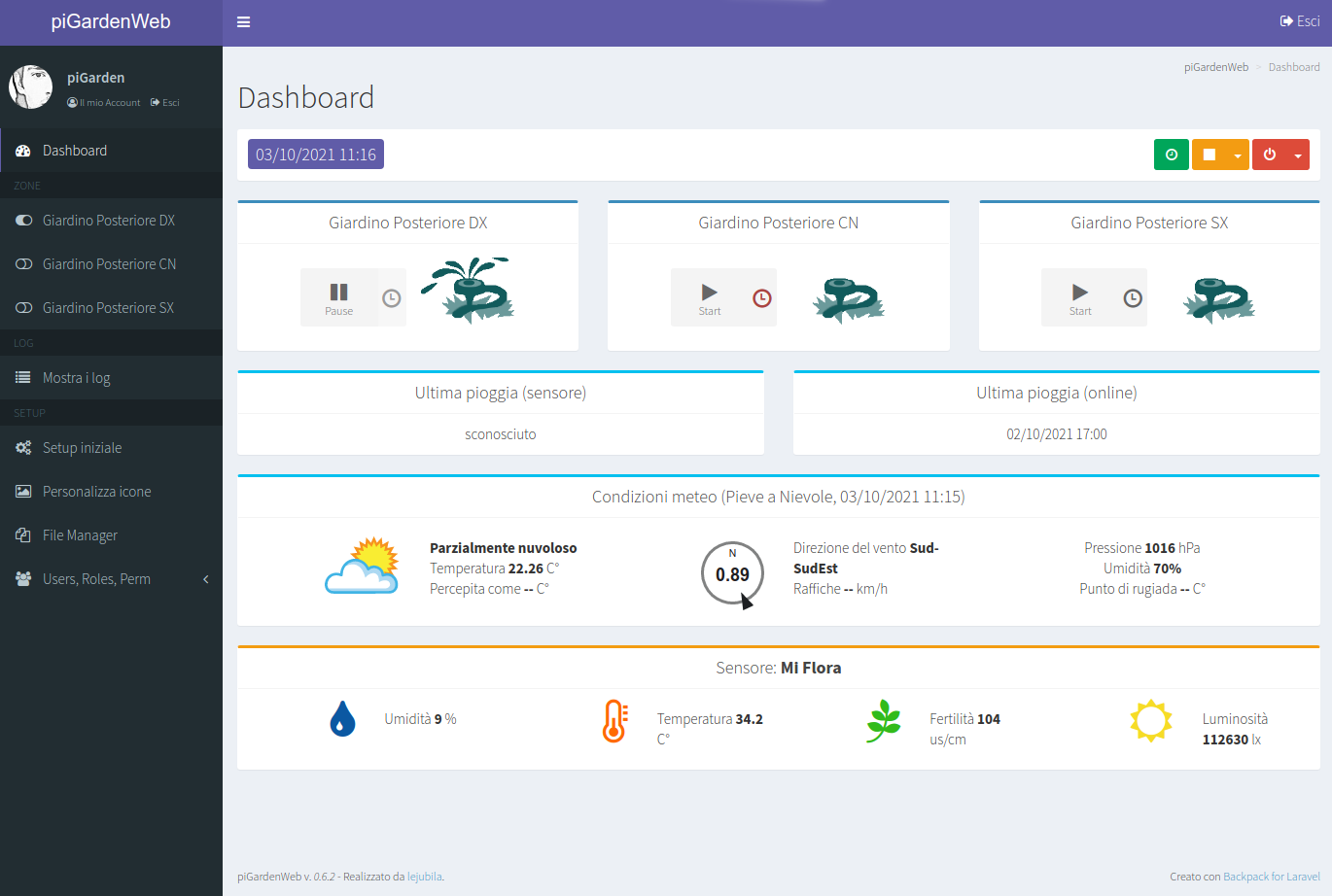 piGardenWeb v.0.6.2 Dashboard