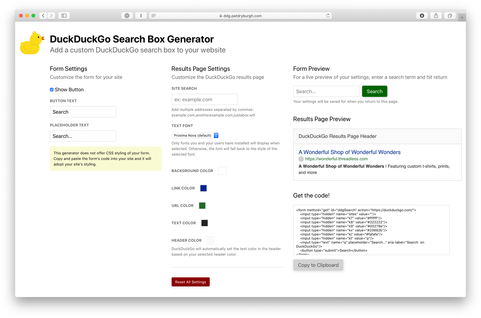 Screenshot of DuckDuckGo Search Box Generator
