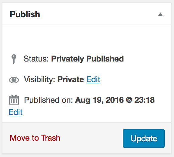 Screenshot of "Publish" post metabox with "Update" primary button.