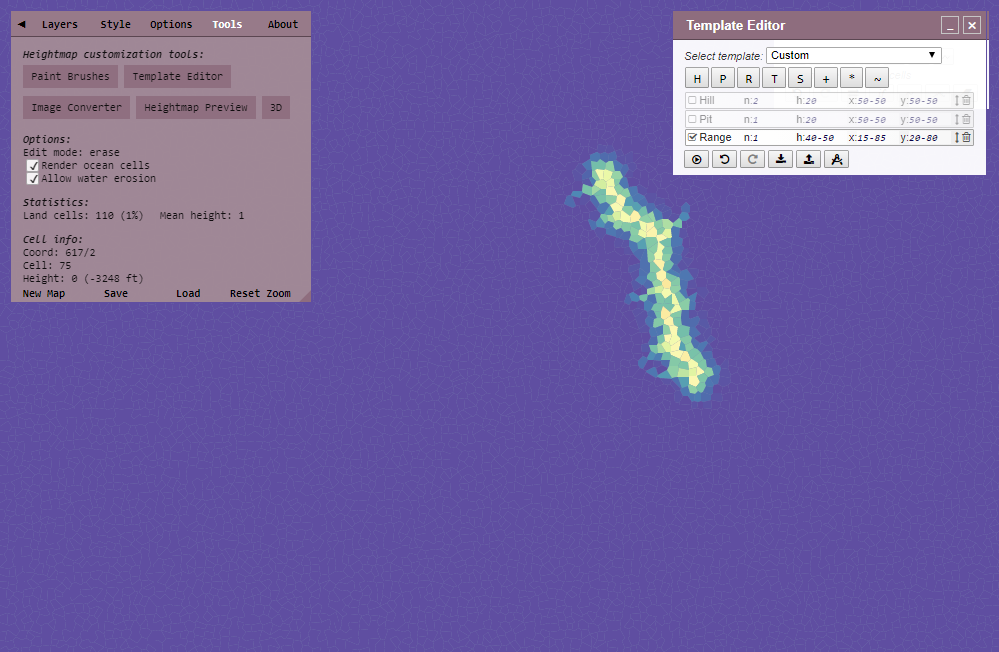 Heightmap showing a single range