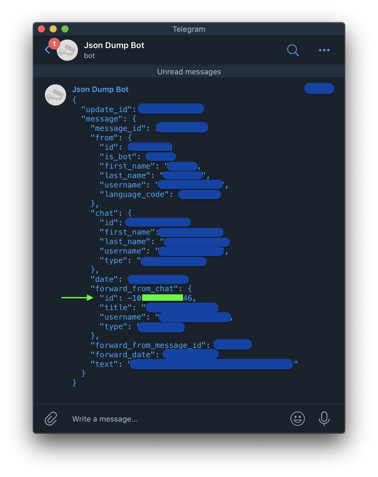 Telegram Channel ID from @JsonDumpBot 