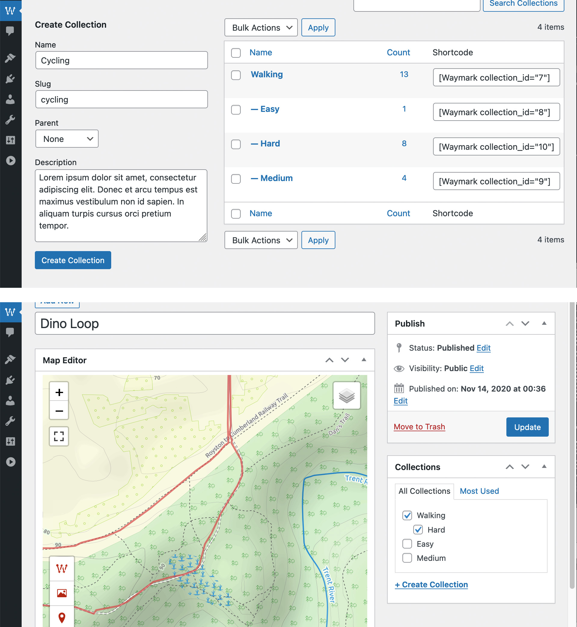 Organise Maps with Collections and display multiple Maps at once using the Shortcode. Collections can be nested and Maps can be associated with multiple Collections.