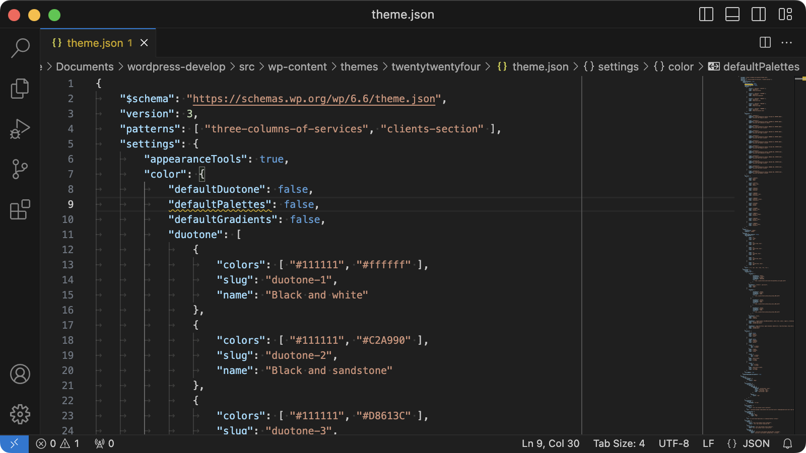 Invalid properties in theme.json are underlined