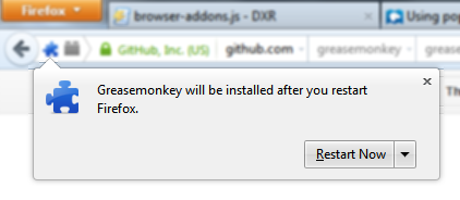 Firefox extension installed dialog